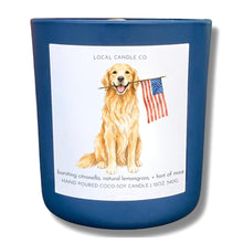 Load image into Gallery viewer, LocalCandleCo patriotic citronella candle in a deep blue vessel with a watercolor Golden Retriever and American flag.